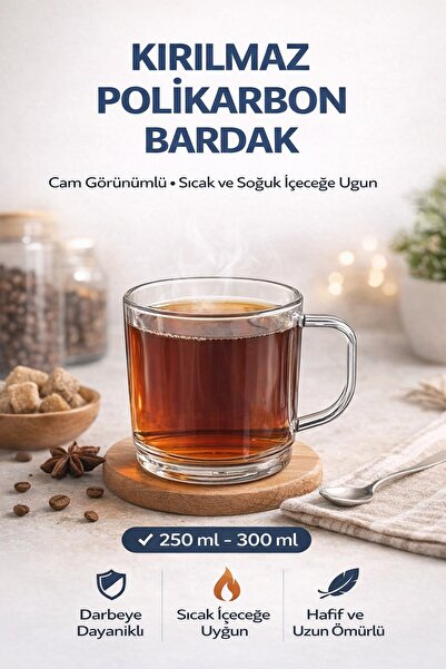 İstanbul Horeca Polikarbon Kırılmaz Kulplu Bardak 250 ML Cam Görünümlü Çay Ka...