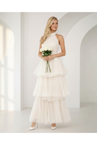 MsfashionX Elegant Layered Tulle Evening Dress – Halter Neck Open Back Maxi D...