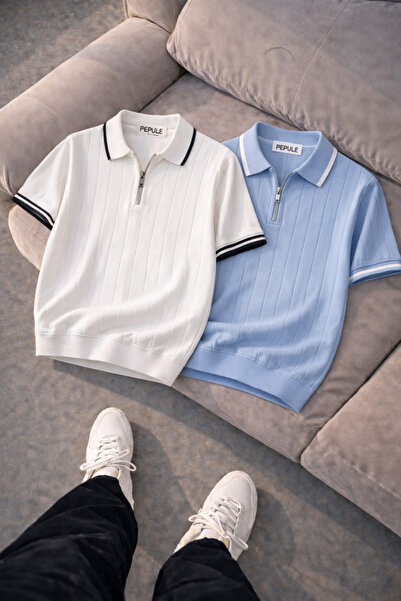 pepule Ανδρικό πλεκτό μπλουζάκι με λαιμόκοψη πόλο Με υφή με μισό φερμουάρ, κα...