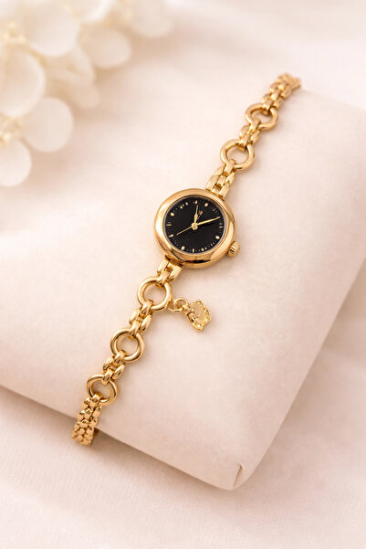 naaksesuar Gold Color Black Dial Charm Detailed Luxury Women's Watch