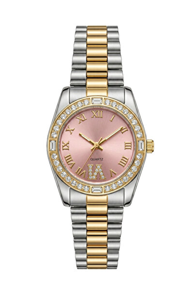 The Watch ساعة نسائية ستيل ذهبية وفضية بمينا وردي فاخرة أنيقة للنساء جلد فاخر...