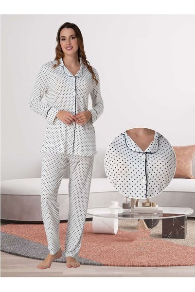 Effortt Dvina Maternity Polka Dot Piece Long Sleeve Pajama Set - Ecru/Navy Blue