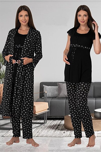 Effortt Dvina Maternity Patterned Pajama Set with Dressing Gown and Short Sle...