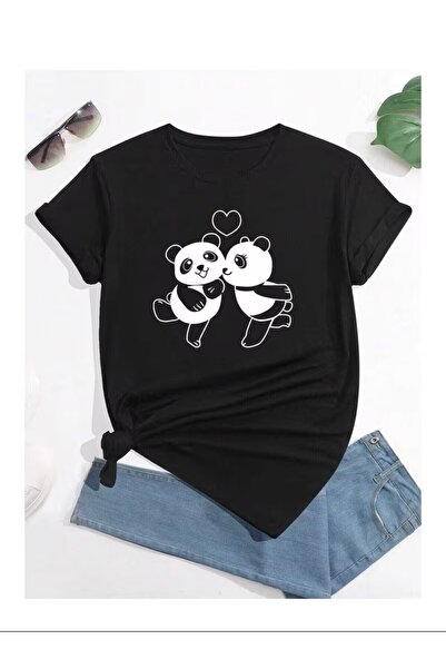 LAND MODA Lover Pandas Printed Oversize T-shirt Casual Boyfirend
