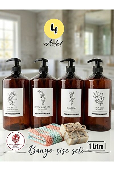ozbience Amber görünümlü 4'lü banyo şişe seti, 1 litre, şampuan, duş jeli, sa...