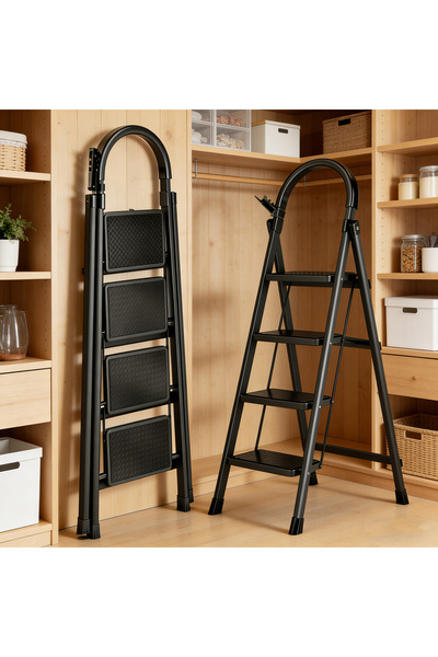 BESTONE 4-step foldable ladder, sturdy steel folding stool, wide non-slip pedals, suitable for home black