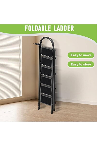 BESTONE 6-black step foldable ladder, sturdy steel folding stool, wide non-sl...