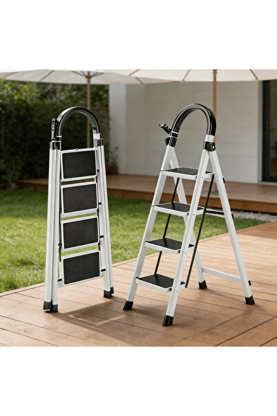 BESTONE سلم قابل للطي بأربع درجات، كرسي فولاذي متين قابل للطي مع دواسات عريضة...