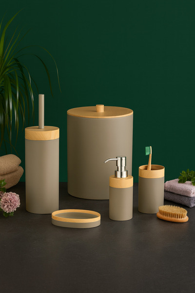 ozbience Bambu Desenli 5'li Banyo Seti Çöp Kovası, Sıvı Sabunluk ve Diş Fırçalık