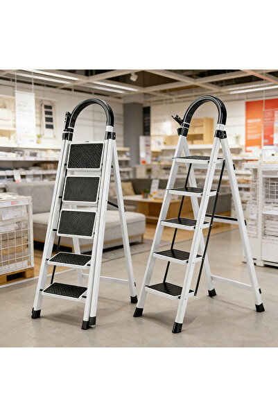 BESTONE White 160cm 5-Tier Foldable Step Ladder, Steel Stool with Anti-Slip W...