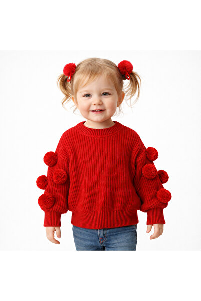 TREND NATURAL Girl's Baby Pompom Knit Sweater and Buckle