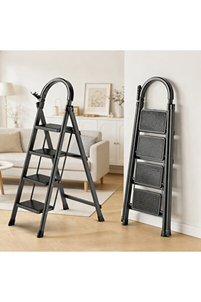 BESTONE سلم قابل للطي بأربع درجات، كرسي قابل للطي من الفولاذ المتين مع دواسات...