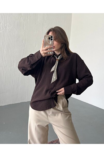 FERZOLAİO Retro Oversized Brown Shirt with Scarf