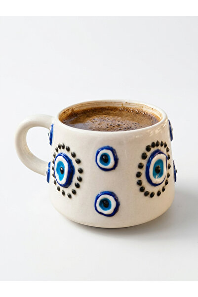 NİVRA GRUP El Yapımı Seramik Kahve Kupası Nazar Boncuk Desenli Kabartmalı Dek...