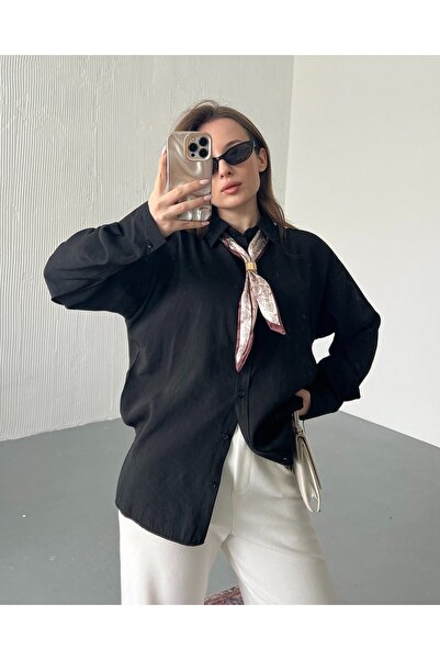 FERZOLAİO Retro Scarf Oversized Black Shirt