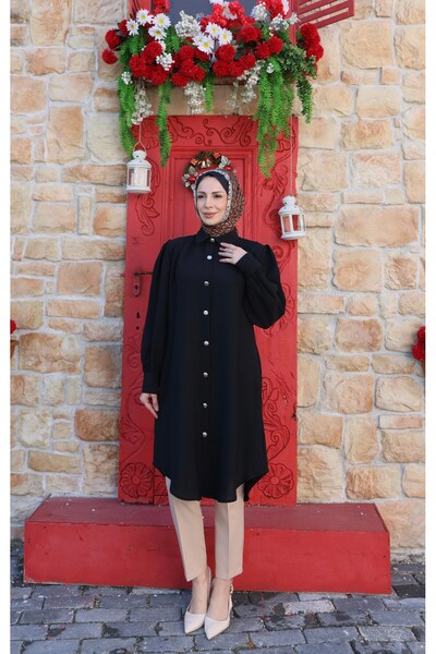HNT Hayrunnisa Tesettür تونيك طويل بأزرار باللون الأسود HNT8533
