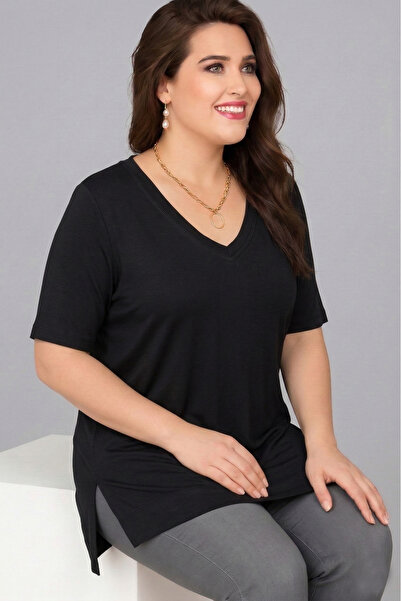 Curvy Trend Plus Size V-Neck Short Sleeve Side Slit Blouse
