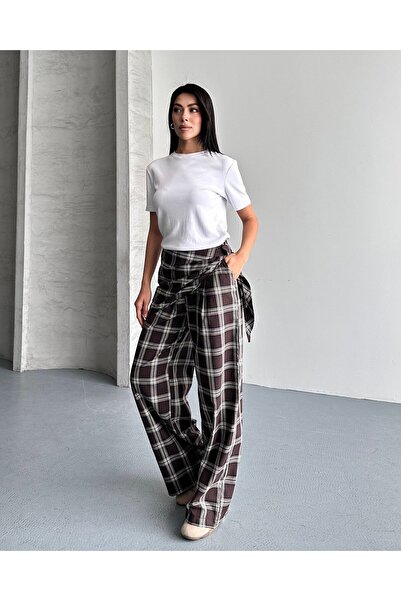 FERZOLAİO قماش منقش بنطلون فضفاض بحزام