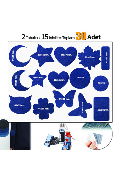 FIXALL ADHESIVE PRODUCTS Yapışkanlı Kot Kumaş Çeşitli Şekillde 30 adet Mont P...