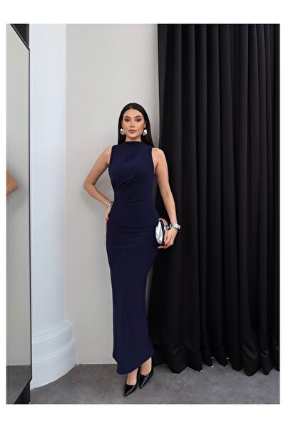 ESRAHELVACI Drapeli Yırtmaçlı Midi Elbise