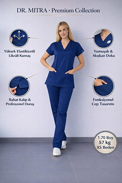 Dr. Mitra Indigo Light Navy Blue L Stretch Fabric Nurse Doctor Uniform Unisex...