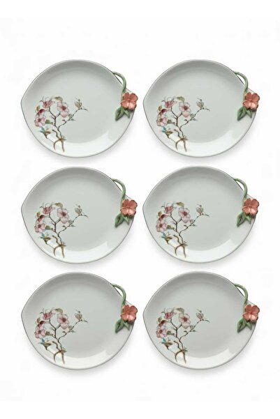 Angela Floral Classic 6-Piece Ceramic Dessert Plate Set – White (18×22 cm)
