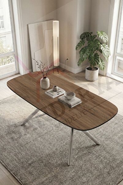 SANDERYA Nova Serisi Sabit Krom Ayaklı Ceviz 85x170 Mutfak Salon Masası