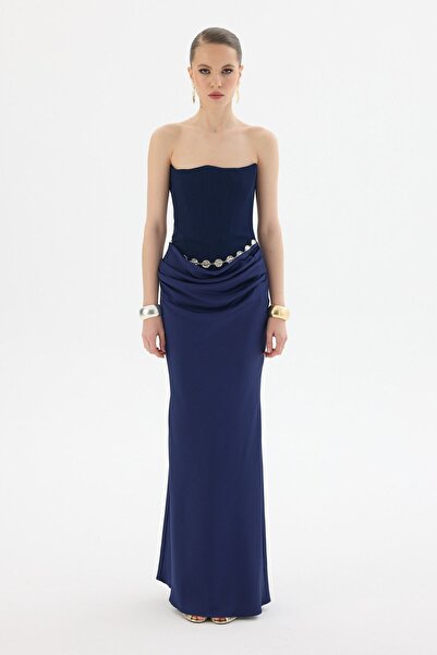 Carmen Lacivert Straplez Üstü Krep Altı Saten Abiye Elbise