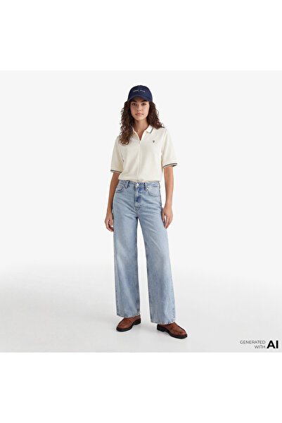 Tommy Hilfiger Kadın Yüksek Bel Rahat Kalıp Geniş Paçalı Pamuklu Denim Mavi J...