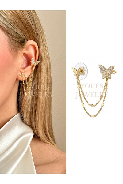 YOUES JEWELRY Kelebek 14K Altın Renk Zincir Detaylı Ear Cuff Kadın Küpe 1 ADET