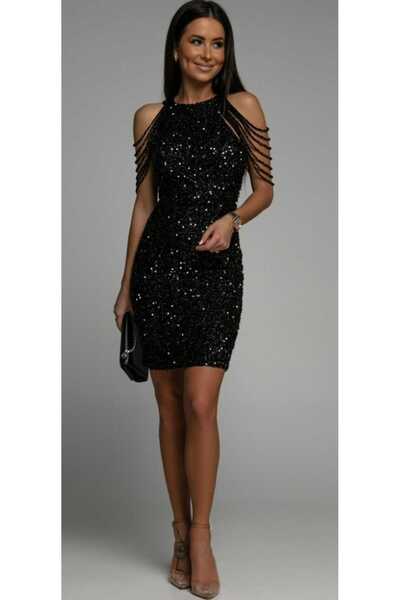 Hanife Glam Couture Hanife Glam taş detaylı payetli halter yaka mini elbise