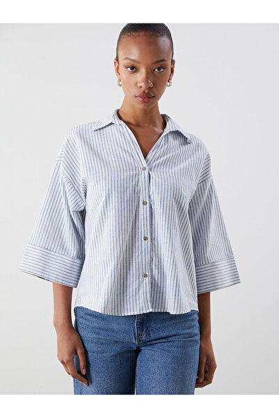 LC Waikiki Peak New Season Striped Linen Blended Oversized Women's Shirt
