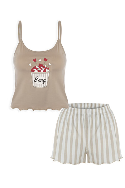 koza iç giyim Women's Thin Strap Patterned Cotton Shorts Pajama Set