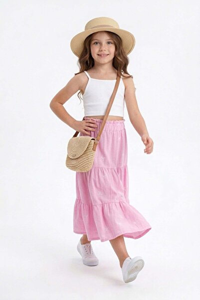 Fulla Moda 100% Cotton Girls' Skirt with Elastic Waist and Bow Embroidery