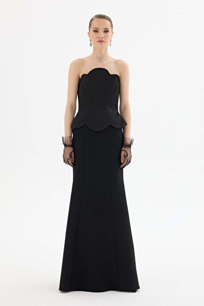 Carmen Siyah İşlemeli Krep Abiye Elbise