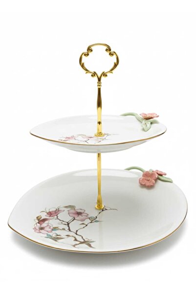 Angela حامل كيك وحلوى من السيراميك ذو طبقتين بتصميم أنيق مزين بالزهور - أبيض