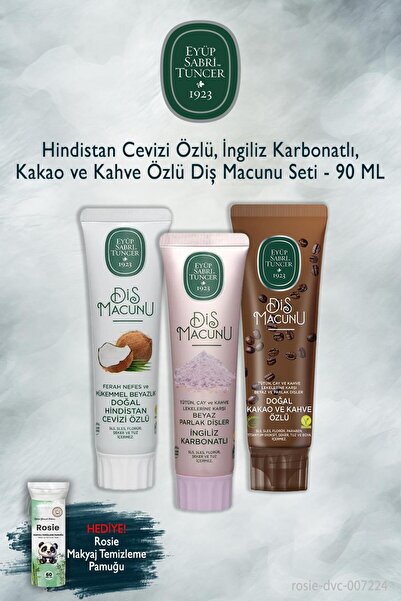 Eyüp Sabri Tuncer 90 مل 3 عبوات معجون أسنان بجوز الهند والكربونات والكاكاو، روزي