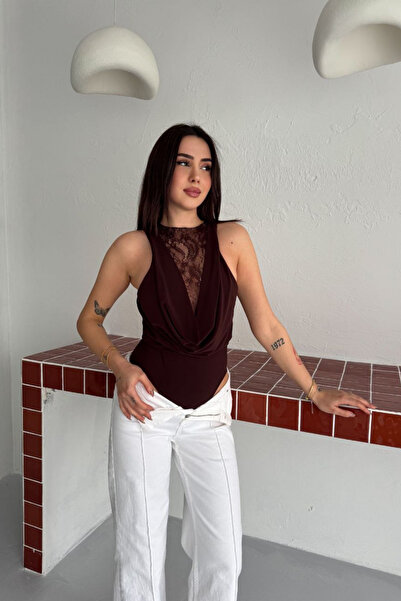 MİROR Women's Lace Detailed Zero Sleeve Snap Fastener Bodysuit