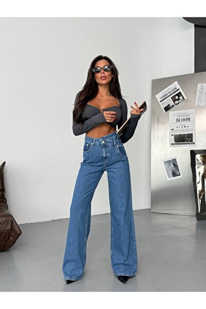 HerTon Pantaloni de damă, albaștri, 98% bumbac, cu picior larg - Denim cu pic...