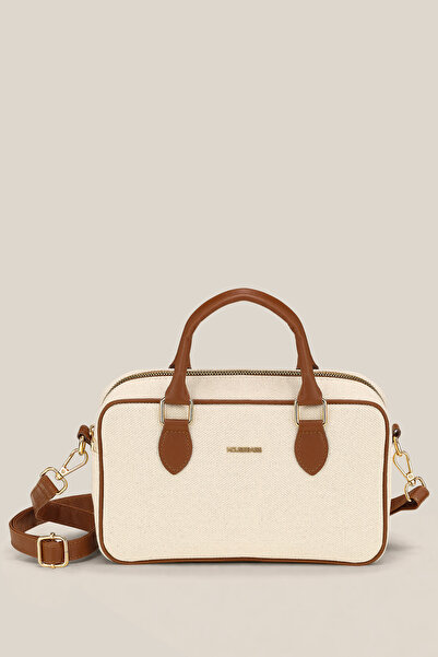 Housebags Kanvas krem boje strukturiran Torba za rame sa zlatnim dodacima i p...