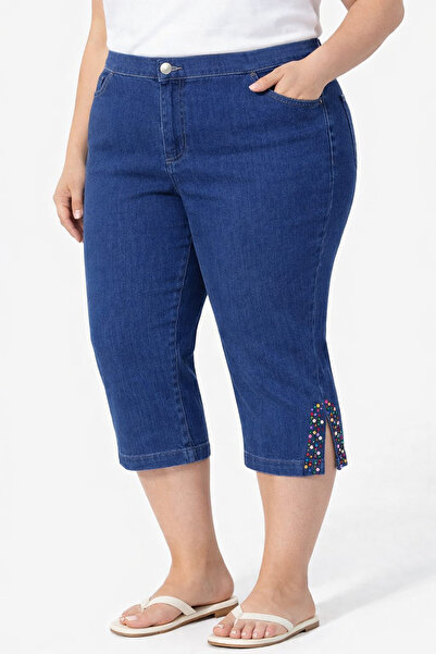 Lale Butik Plus Size Women's Below Knee Bead Embroidery Detail Jeans Capri 01...