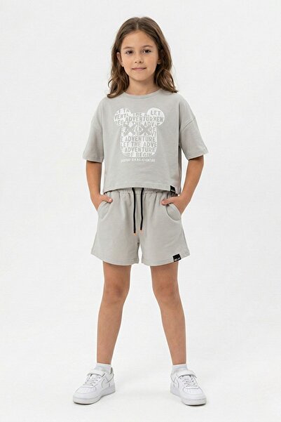 NEWKİDS Printed T-Shirt, Belt Pieces, Laced, 100% Cotton Shorts, Girls' Set