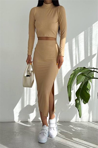 Dipmoda Women's Half Fisherman Skirt Top and Bottom Set Kklf51 - Beige