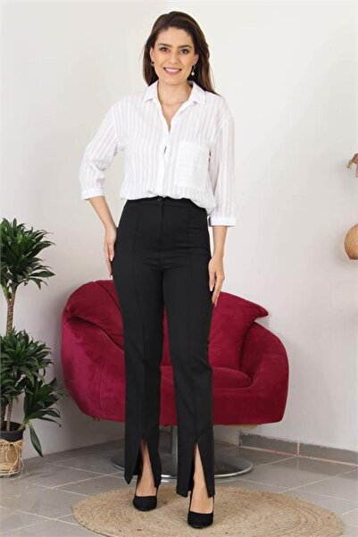 Dipmoda Women's High Waist Slit Detailed Fabric Pants Dpqns019