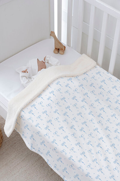 Tuğba Kuğu Plush Double Face Masks Blanket - Pureline Series - Blue Dainty Bow