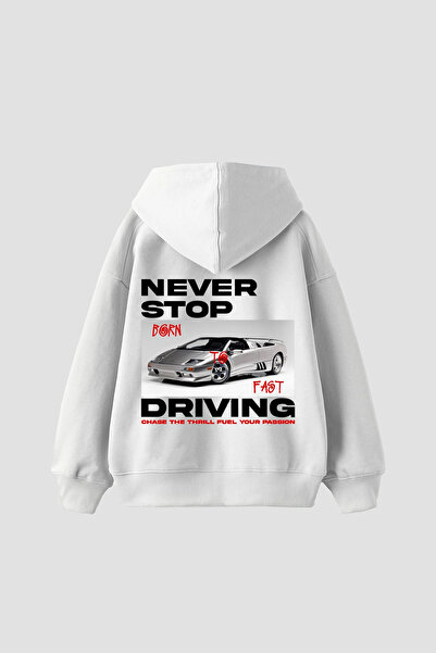 Bak Moda Never Stop Printed Oversize Unisex White Hoodie