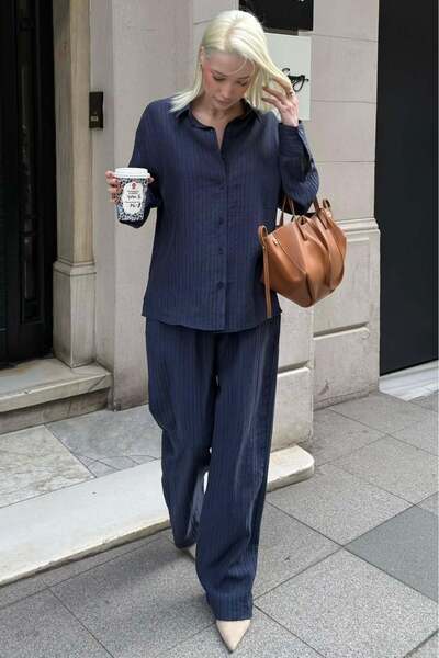 Madmext Navy Blue Striped Women's Tencel Shirt Set Mg2695