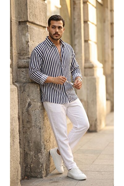 viyamen Ανδρικό πουκάμισο Vertical Ριγέ Half oversized