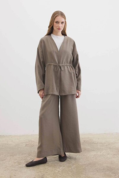 Hooopstore Mink Kimono Trouser Set with Front Tie Detail