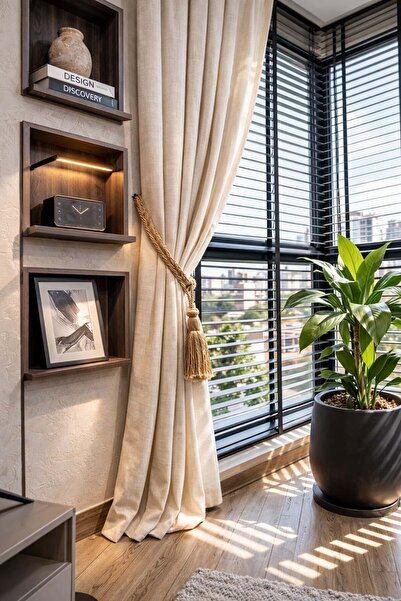 Kadir Mefruşat Siyah 50MM Ahşap Görünümlü Jaluzi Kurdelalı Rediktörlü